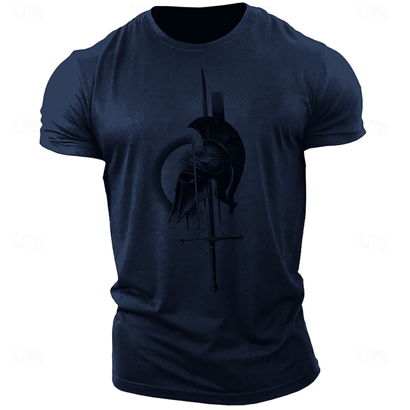 Men's Red Spartan Warrior Helmet & Sword Graphic T-Shirt, Short Sleeve2