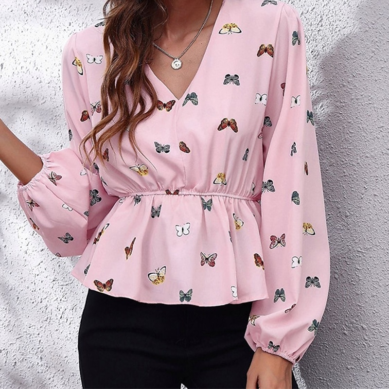 Women's Summer Tops Chiffon Tops Butterfly Daily Stylish Basic Long Sleeve Lantern Sleeve V Neck Regular Tops Work Daily Holiday Print Pink Spring Fall