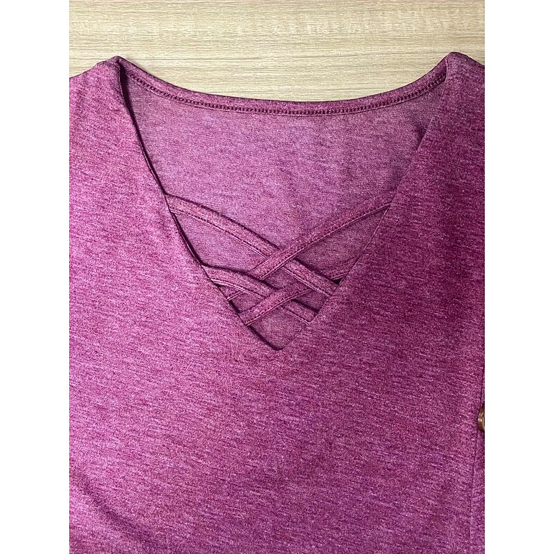 Women's Shirt Solid Color Stylish Casual Long Sleeve V Neck Regular Tops Daily Hollow Out Wine  Spring Prefall4