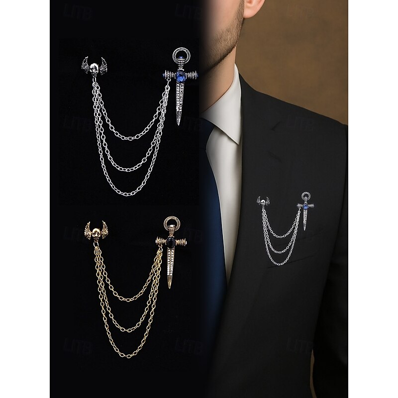 Men's Gothic Skull and Dagger Chain Brooch – Vintage Winged Skull Lapel Pin with Rhinestones for Halloween Party, Cosplay and Retro Fashion