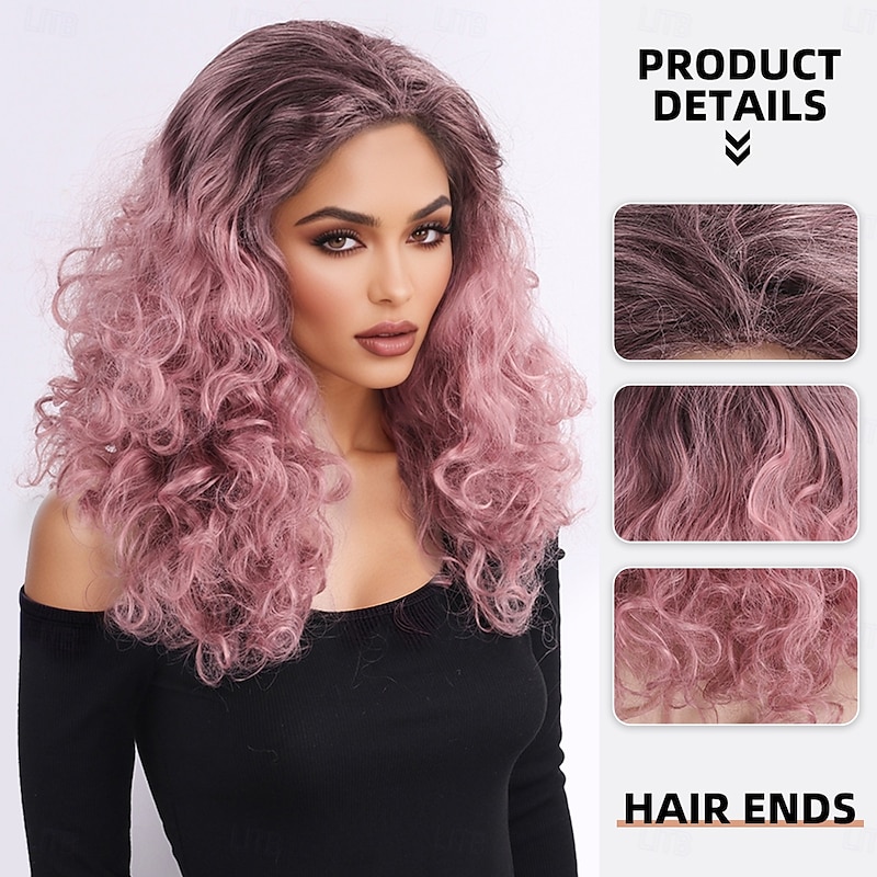 Synthetic Wig Wavy Afro Curly Asymmetrical With Bangs Machine Made Wig 20 inch A1 Synthetic Hair Women's Classic Thick Comfortable Pink2