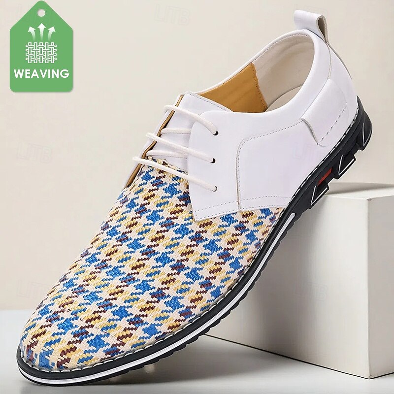 Woven White and Blue Men's Lace-Up Shoes Featuring Breathable Material and Trendy Design - Ideal for Casual Outings Summer Events and Everyday Wear