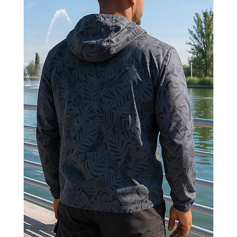 Men's Running Jacket Outdoor Jacket Hooded Long Sleeve Top Athleisure Fall Plants Sun Protection Lightweight Breathable Hiking Running Sportswear Activewear Dark Gray Light Grey2