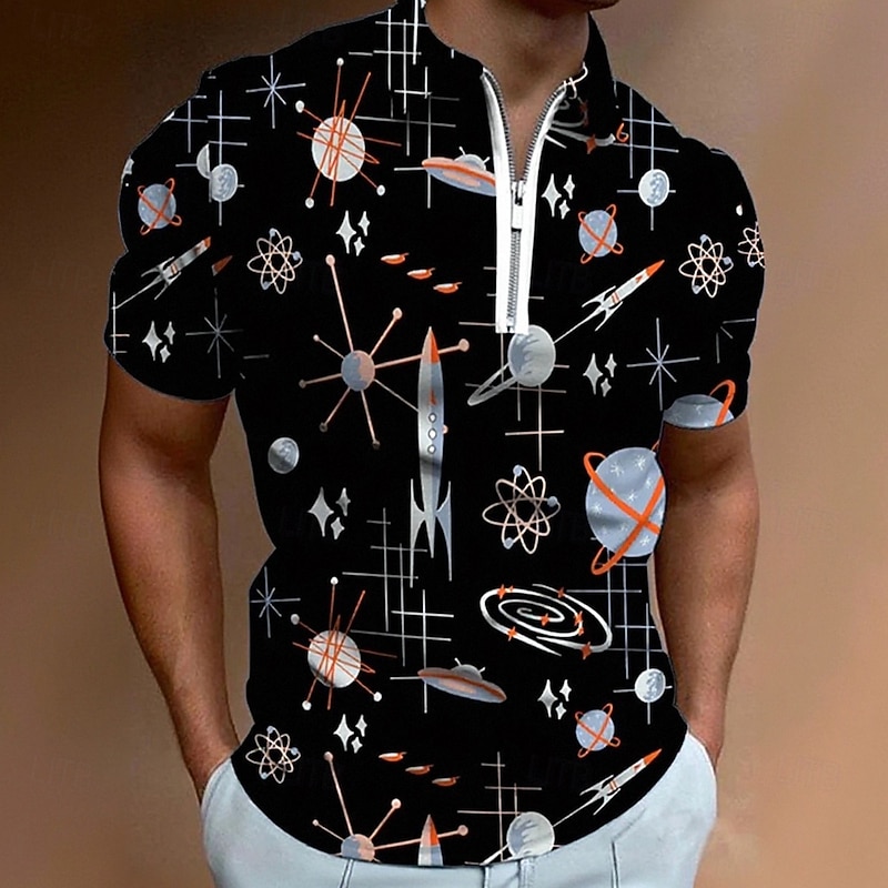 Men's Graphic Zip Polo Shirts Short Sleeve Polo Shirts Collared Shirts Casual Athleisure Daily Wear 3D Print Summer Black White