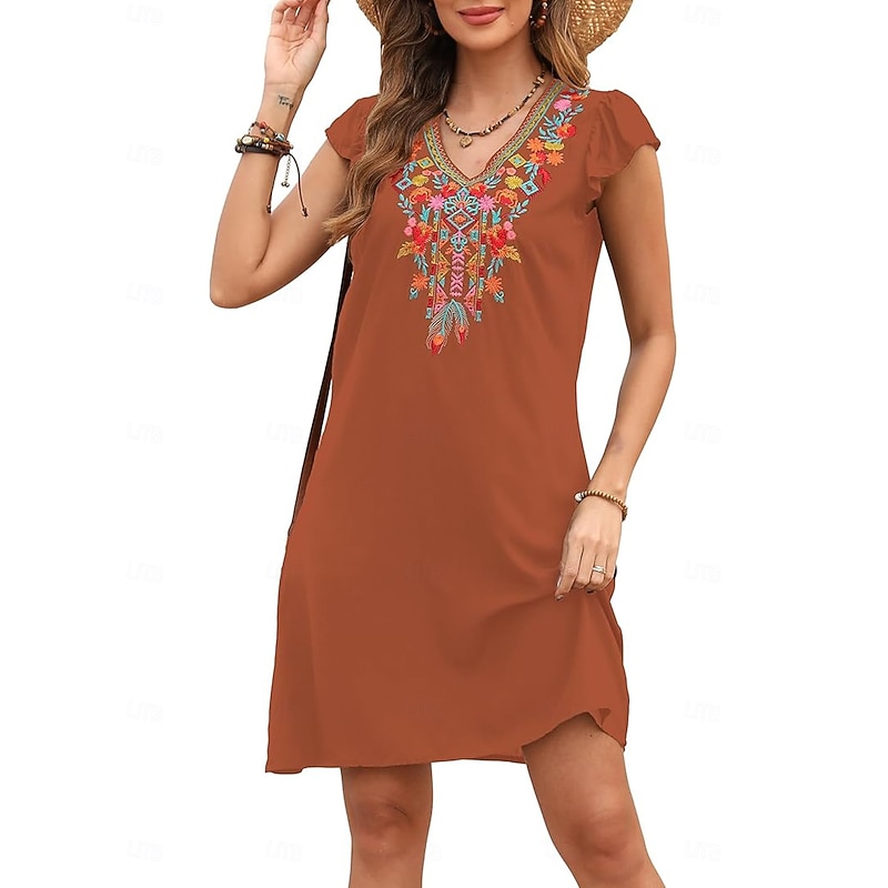 Women's Mini Dress Casual Dress Fashion Modern Elegant Dress Cap Sleeve Wedding Daily Date Regular Fit Floral Embroidery Sleeveless V Neck Black White Orange Summer