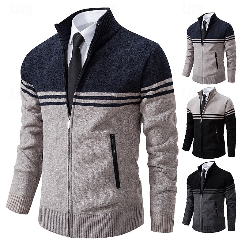 Men's Sweater Cardigan Sweater Cropped  Sweater Ribbed Knit Regular Tops Knitted Color Block Stand Collar Warm Ups Modern Contemporary Office Casual Clothing Apparel Fall Winter Black Navy Blue M L XL