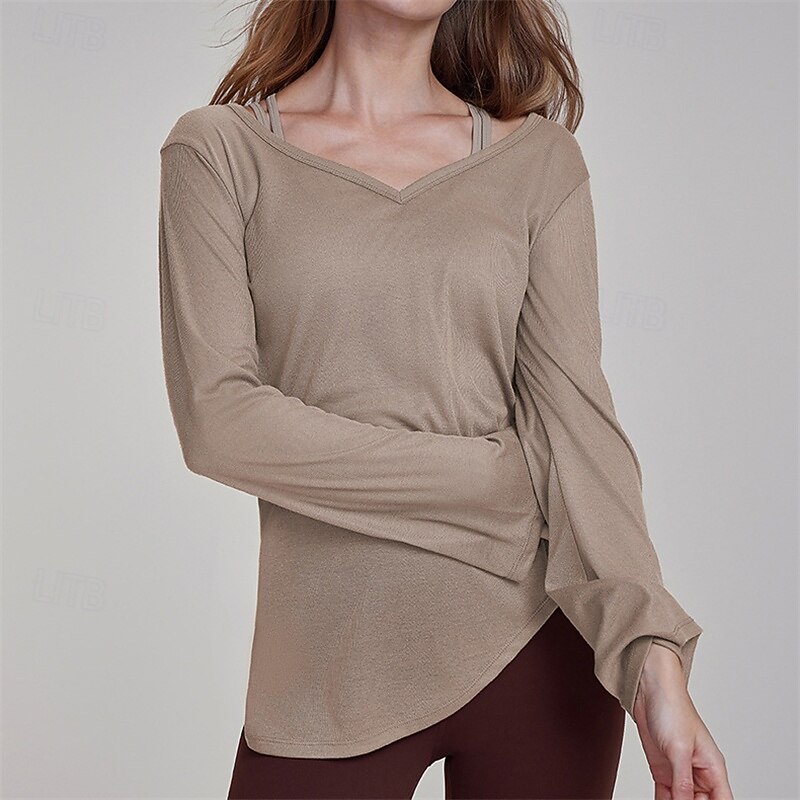 Women's Sports shirts V-neckline Skin Friendly Softness Breathable Loose Long Sleeve Sports Solid Color Top For Pilates Dance Yoga Activewear2