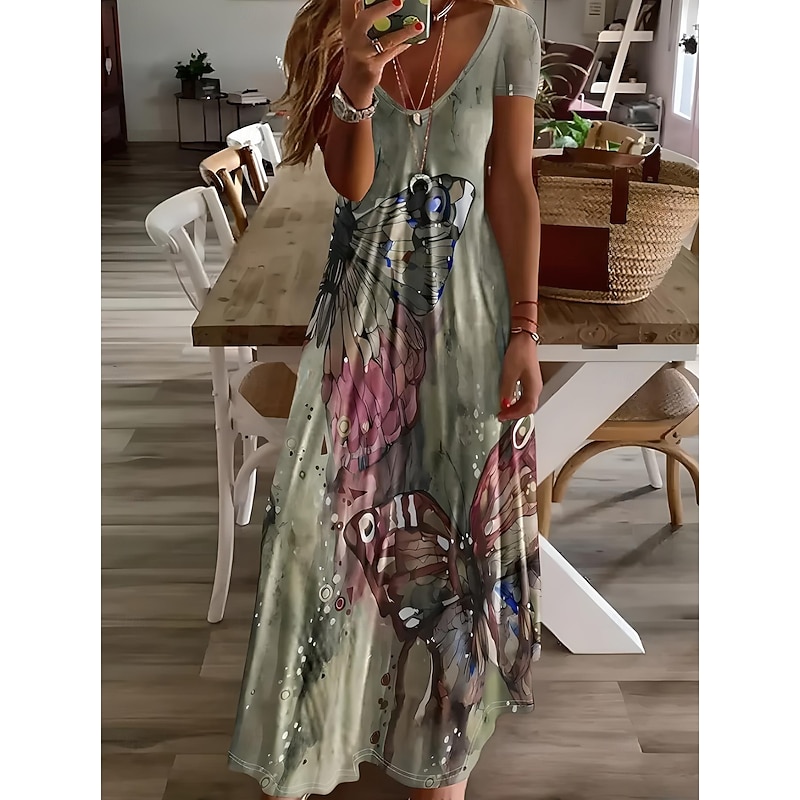 Women's Midi Dress Sundress A Line Dress Vacation Casual Boho Going out Beach Standard Fit Floral Graphic Short Sleeve V Neck Gray Green White Light Green Red Summer Spring2