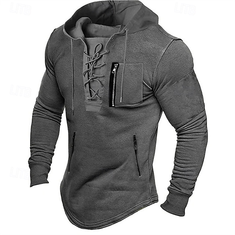 Men's T Shirt Tee Tee Top Long Sleeve Shirt Long Sleeve Hooded Spring Fall Plain Fashion Designer Basic Lace up Vacation Street Going out Black Light Grey Brown Top Tee for Men4