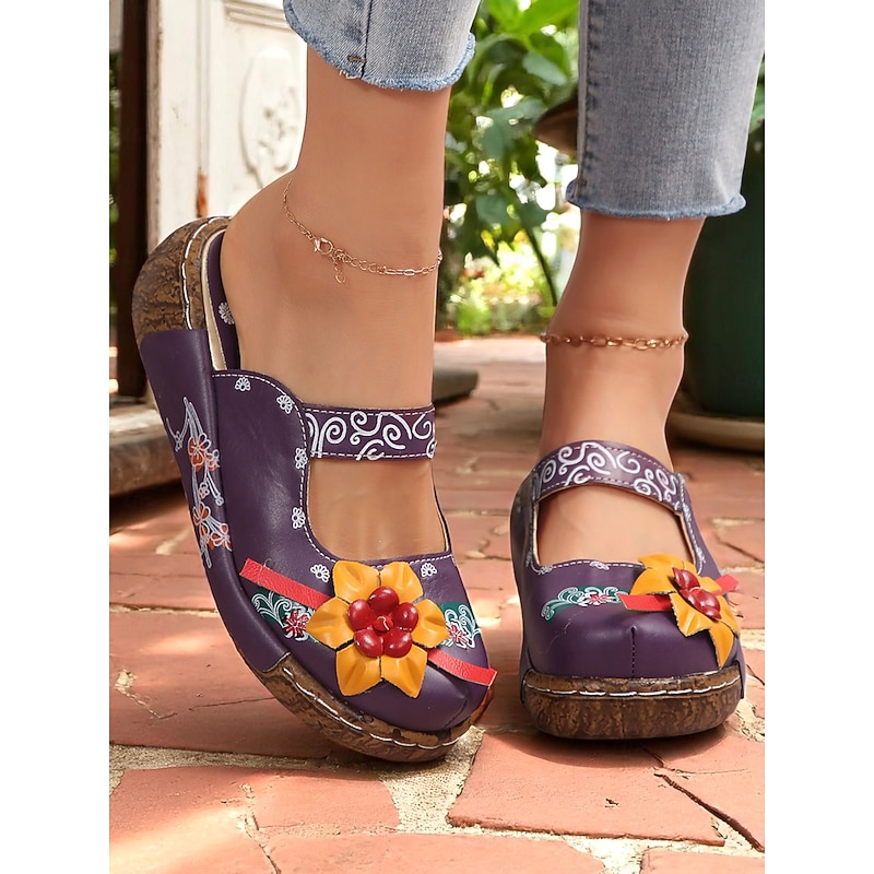 Women's Purple Floral Leather Slip-On Clogs with 3D Flower Appliqué – Vintage Bohemian Comfort Shoes for Casual Wear, Gardening, and Travel3