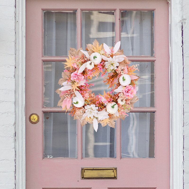 Fall Pink Wreath for Front Door Thanksgiving Autumn Harvest Indoor Outdoor Decoration, Pink and White Pumpkin Artificial Grapevine Wreath Window Hanging Decor2