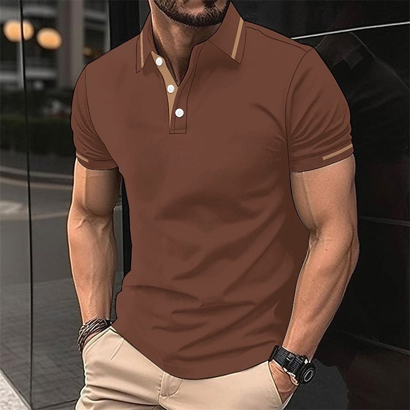 Men's Polo Button Up Polos Casual Sports Lapel Short Sleeve Fashion Basic Stripes Patchwork Buttons Summer Spring Black Pink Wine Brown Polo4