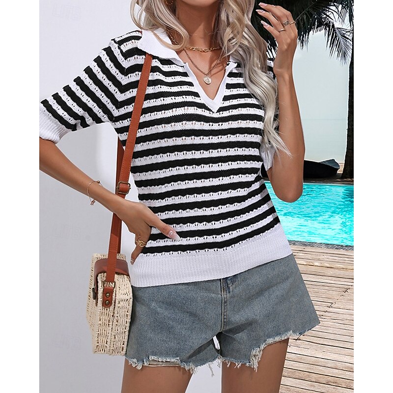 Women's Pullover Casual Striped Chunky V Neck Knitted Short Sleeves Regular Tops Knit Daily Holiday Going out Black Red Summer2