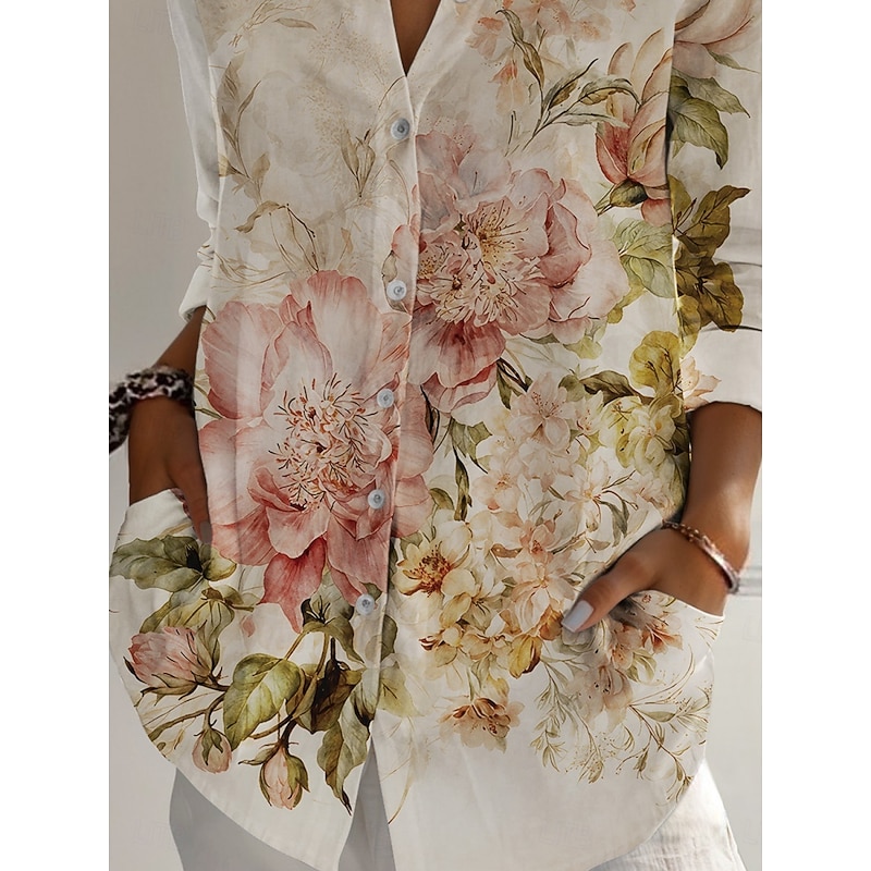 Women's Shirt Floral Active Daily Stylish Long Sleeve Shirt Collar Regular Tops Daily Holiday Buttons Print Khaki Spring Fall3