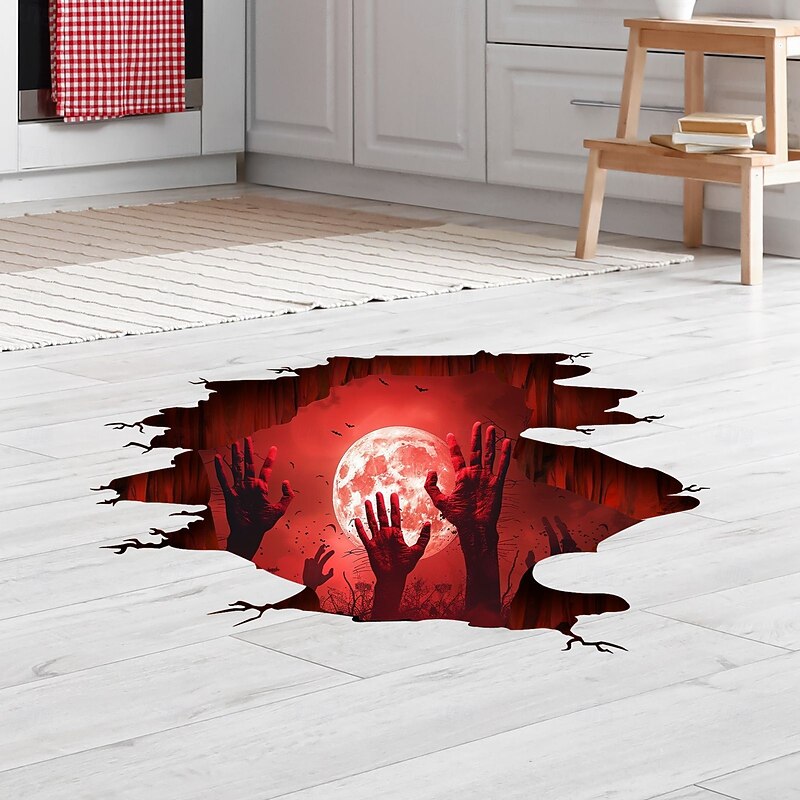 Halloween Floor & Wall Decal Sticker 3D Scary Red Moon and Hand Breakthrough Design, Self-Adhesive Floor and Wall Decor for Bedroom and Living Room