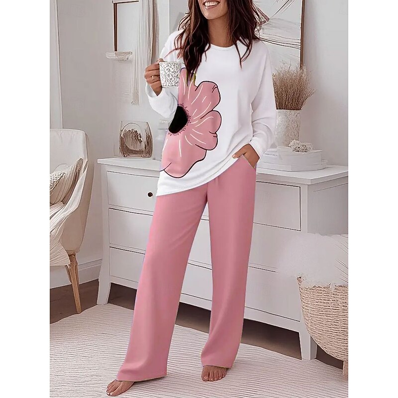 Women's Fashion T Shirt Pants Sets Long Sleeve Round Neck Floral Graphic Print Casual Daily Pink Blue Purple Spring Regular Fit4