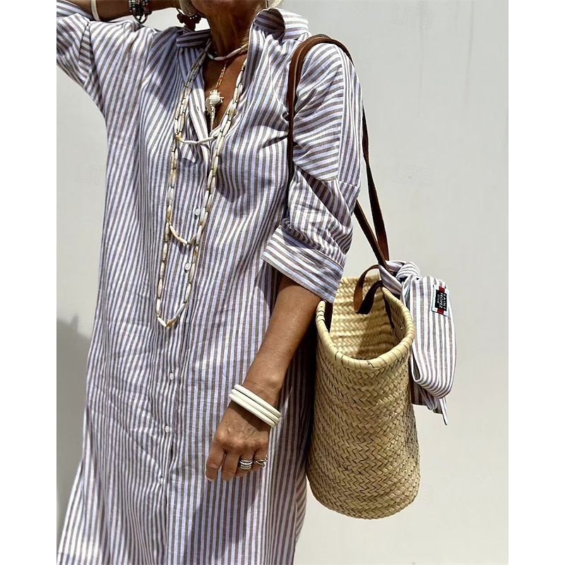 Women's Midi Dress Linen-Inspired Dresses Shirt Dress Casual Dress Fashion Modern Daily Beach Weekend Regular Fit Striped Long Sleeve Shirt Collar Pink Light Brown Blue Summer Spring2