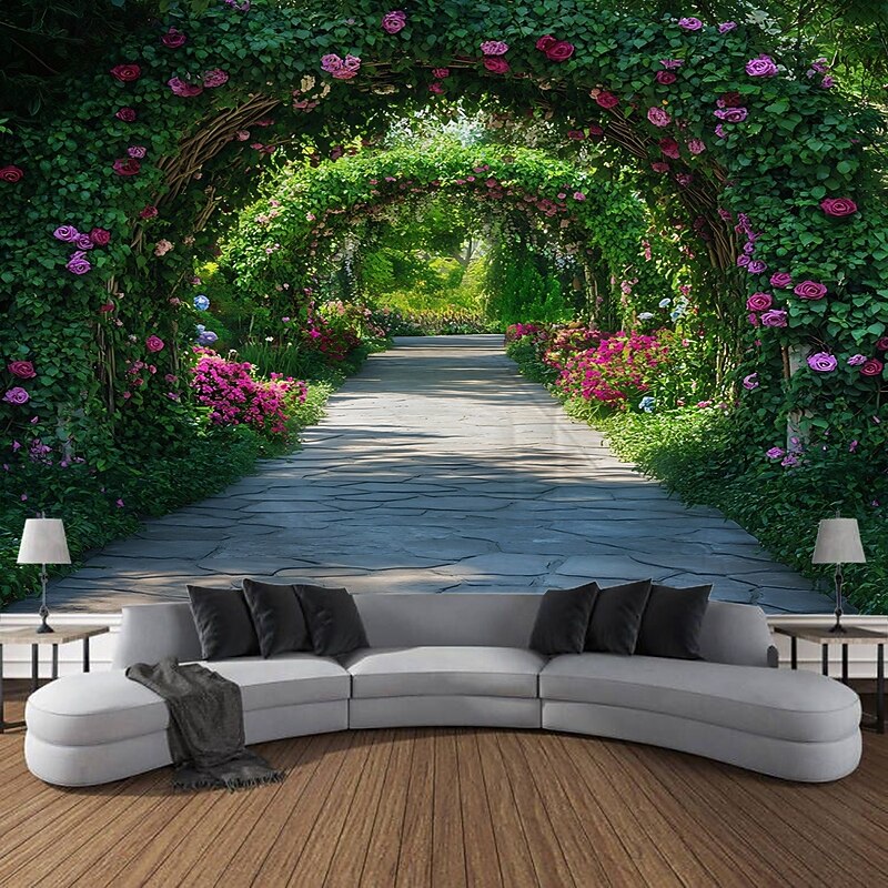 Landscape Of Plants Flowers Arched Doors And Small Paths Hanging Tapestry Wall Art Large Tapestry Mural Decor Photograph Backdrop Blanket Curtain Home Bedroom Living Room Decoration3