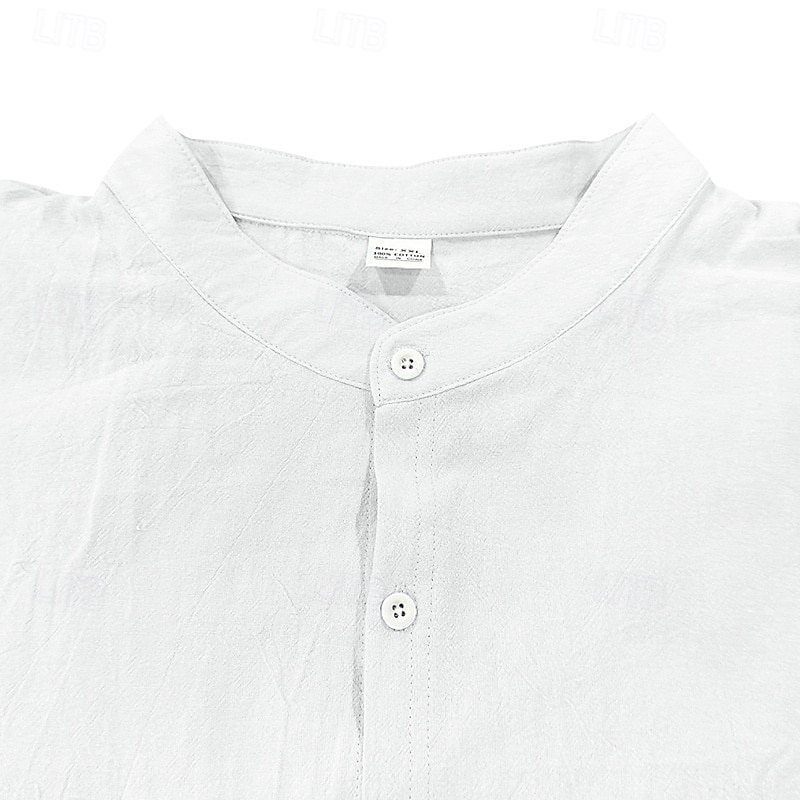 Men's Shirt Linen Shirt Band Collar Shirt Summer Shirt Beach Wear Button Up Shirt Plain Vacation Streetwear Black White Blue Khaki Long Sleeve Band Collar Spring & Summer Clothing Apparel Front Pocket2