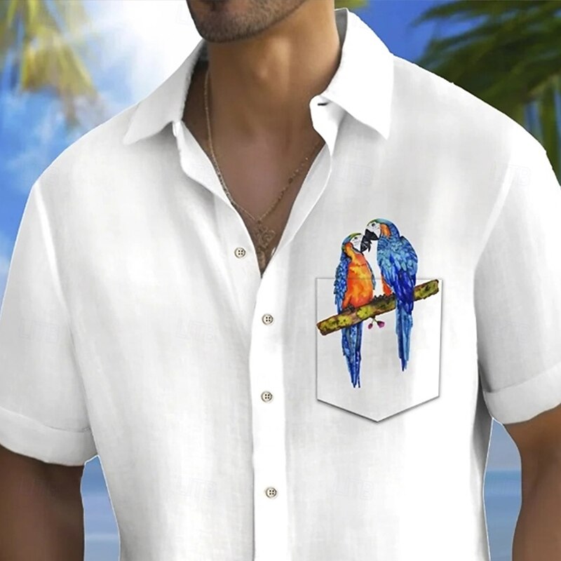 Men's Bird Parrot Shirt Summer Shirt Button Up Shirt Short Sleeve Fashion Casual Outdoor Vacation Dailywear Summer Spring Turndown 3D Print Collared Shirts Front One Pocket White3