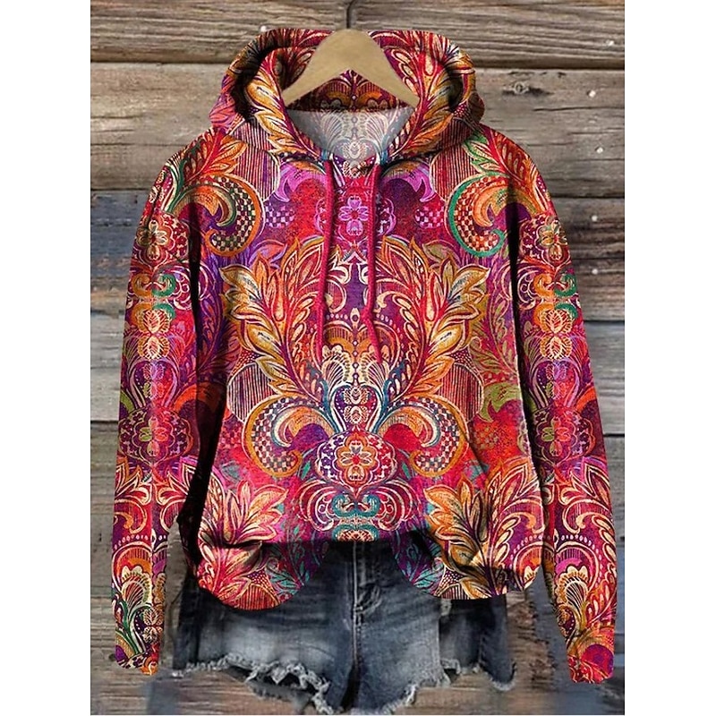 Women's Pullover Hoodie Sweatshirt Graphic Warm Vintage Fashion Long Sleeve Hooded Regular Tops Street Dailywear Holiday Print Red Blue Purple Brown Green Fall Winter