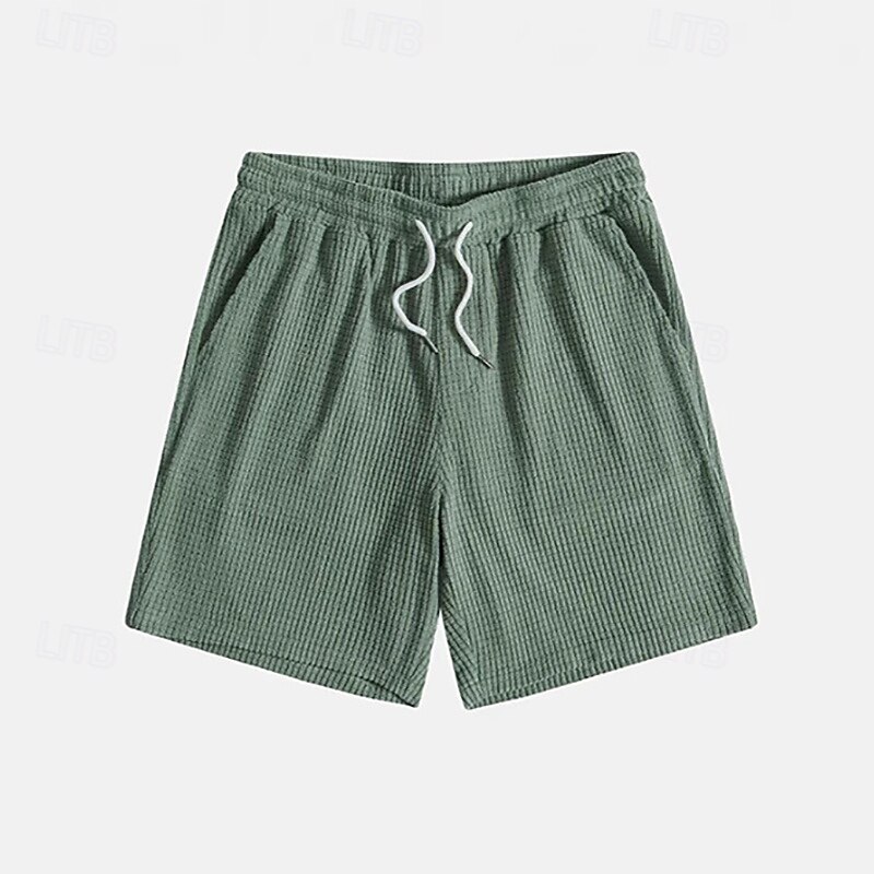 Men's Waffle Shorts Summer Shorts Casual Shorts Pocket Elastic Waist Drawstring Plain Comfort Breathable Short Vacation Holiday Casual Army Green Apricot2