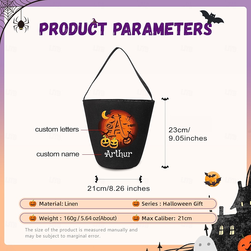 Personalized Name Halloween Treat Bag for Kids Custom Candy Tote Bag Basket for Trick or Treat, Personalized Letters and Names, Natural Linen Candy Bag, Breathable and Durable, Best Trick-or-Treat Gift for Children3
