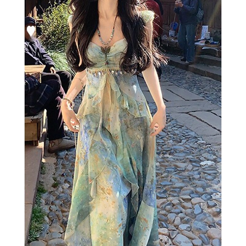 Women's Long Dress Maxi Dress Print Dress Modern Vacation Holiday Tea Party Regular Fit Flower Sleeveless V Neck Green Summer3