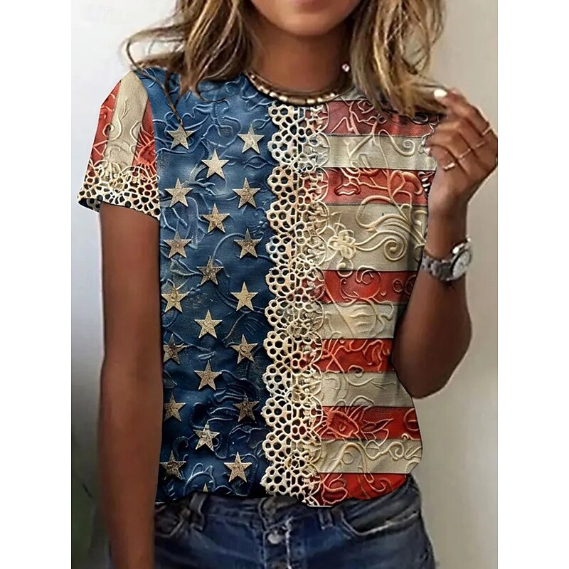 Women's Patriotic  T Shirt Floral Graphic Flag Fashion Casual Short Sleeve Crew Neck Round Neck Regular Tops Daily Print Blue Khaki Summer Spring
