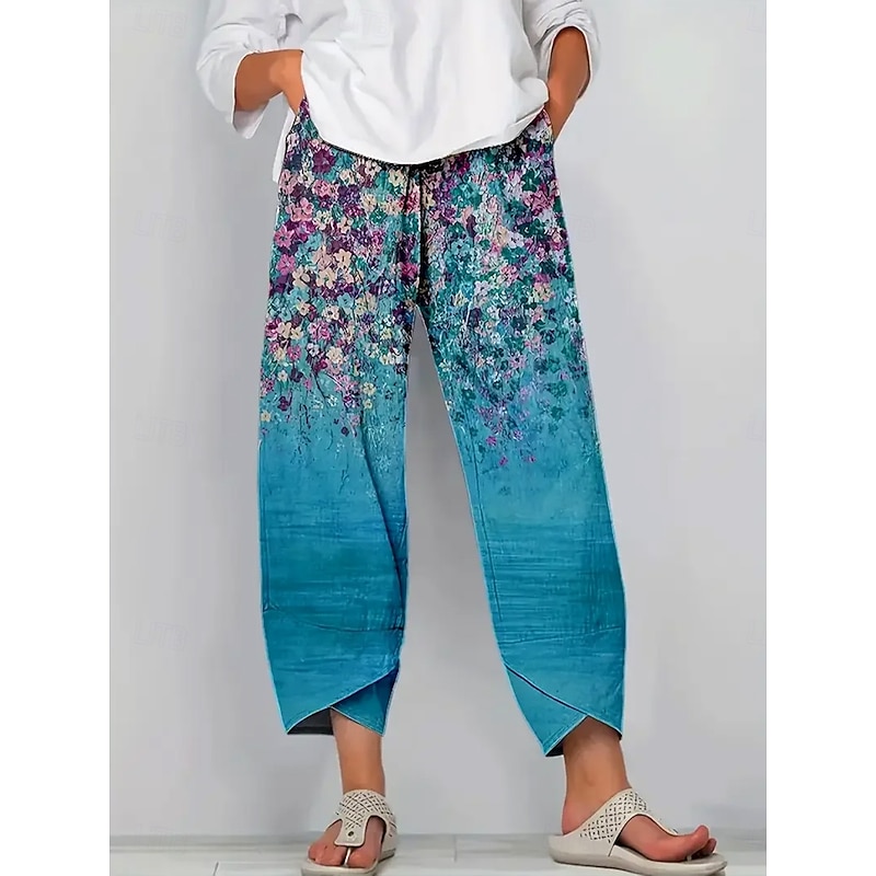 Women's Chinos Baggy Pants Vacation Vintage Ethnic Style Ankle-Length High Waist Floral Graphic Gradient Drawstring Patchwork Printing Breathable Micro-elastic Vacation Street Causal Lake blue Light