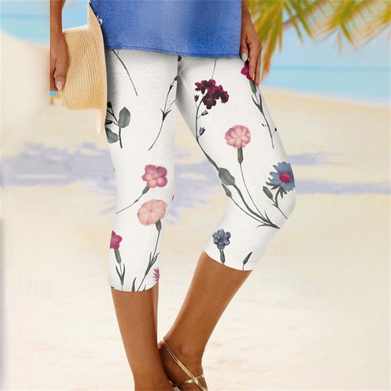 Women's Leggings Anti Chafing Shorts Cozy Leggings Fashion Streetwear Calf-Length Natural Flower Elastic Waist Comfortable Breathable Stretchy Daily Wear Festival White Yellow Pink Blue Summer Slim2