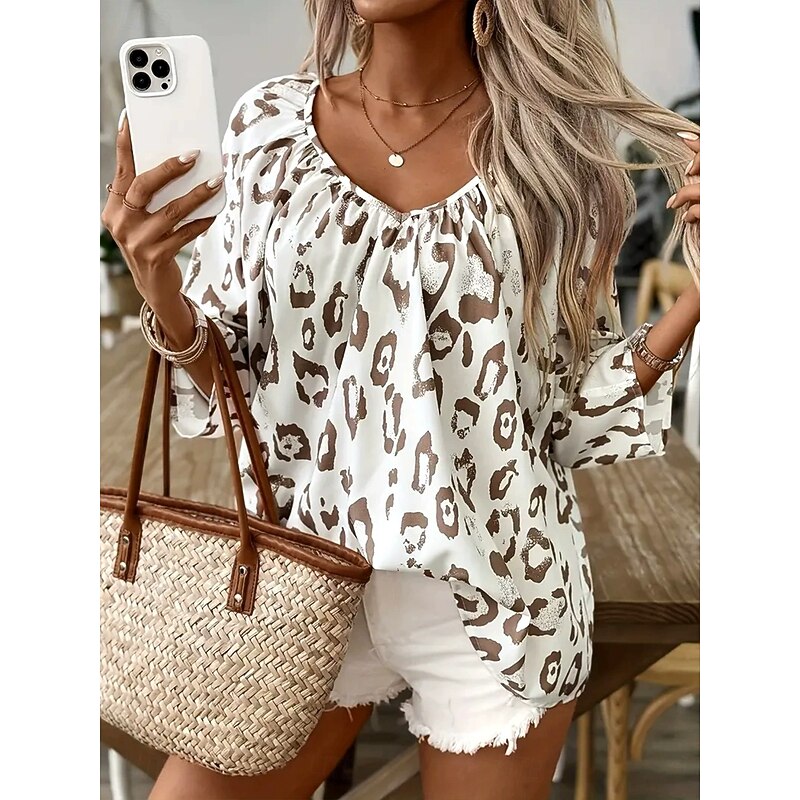 Women's Summer Tops Graphic Animal Leopard Vintage Daily Stylish 3/4 Length Sleeve V Neck Regular Tops Daily Smocked Print Black Khaki Beige Summer Spring Fall