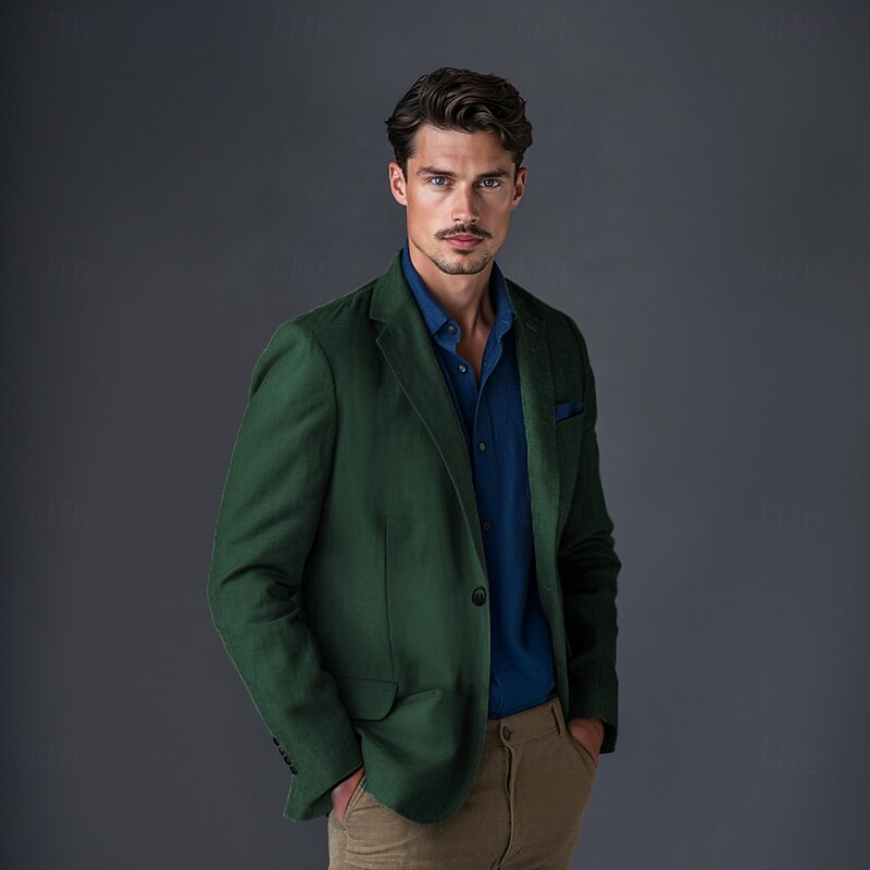 Men's Linen Blazer Sport Coat Notch Collar Fashion Casual Solid Colored Linen Blazer Blue Army Green Standard Fit Single Breasted One-button2