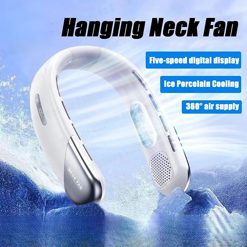 Neck Fan 10000mAh Mini Bladeless Silent Neckband Fan USB Rechargeable LED Digital Display 5th Gear Air Cooler
