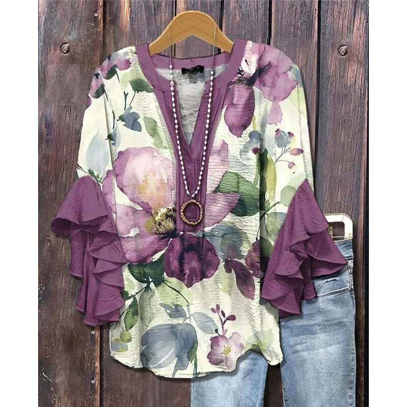 Women's Blouse V Neck Floral Graphic Paisley Bohemia Vintage Daily 3/4 Length Sleeve Regular Tops Daily Holiday Vacation Wear Print Pink Purple Khaki Beige Summer Spring Fall