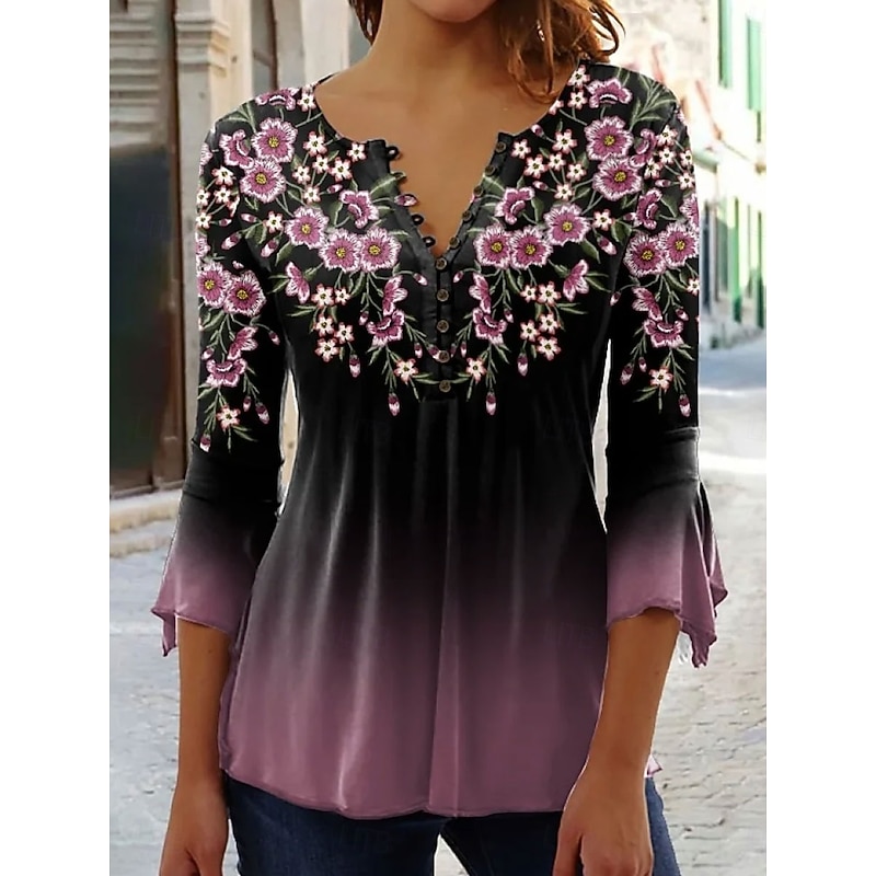 Women's Blouse V Neck Ombre Floral Graphic Elegant 3/4 Length Sleeve Regular Tops Daily Going out Buttons Pink Blue Green Spring Fall3