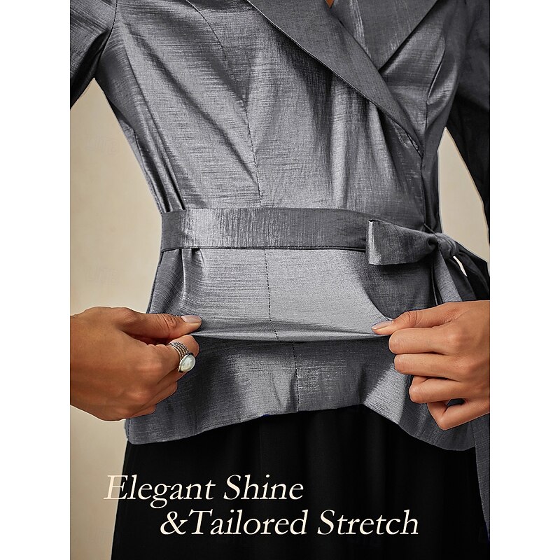 Women's Blouse Evening Tops Elegant Metallic Stylish 3/4 Length Sleeve V Neck Regular Tops Wedding Guest Evening Party Semi Formal Tie Front Gray Spring, Fall, Winter, Summer2