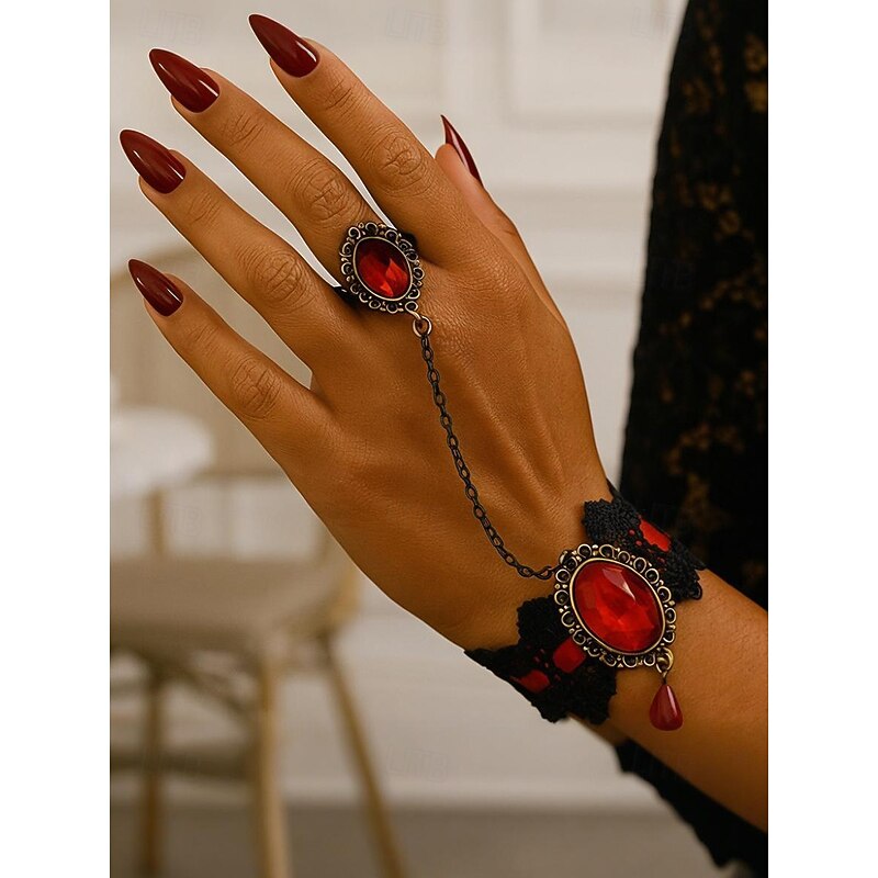 Women's Gothic Lace Bracelet Ring Set with Red Gemstone, Vintage Chain Hand Jewelry for Halloween Party, Cosplay and Retro Style Outfits2