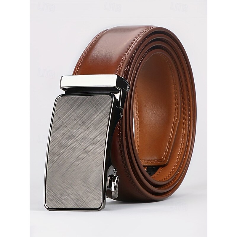 Men's Genuine Leather Ratchet Belt with Carbon Fiber Automatic Buckle, Classic Business Style Adjustable Waistband for Professionals and Formal Occasions