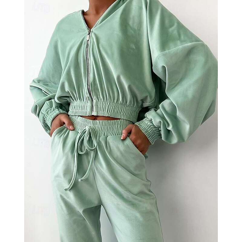 Women's Tracksuit Sweatpants Hooded Jacket Zipper Pocket Solid Colored Clothing Suit Fall Blue Fuchsia Workout Athleisure Running Thermal Warm Windproof Long Sleeve Sport Activewear Stretchy Regular