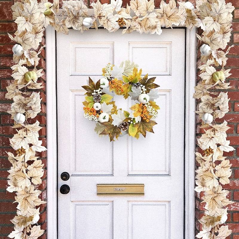 Fall Leaves Garland with White Pumpkins Autumn Maples Berry Thanksgiving Garland 6.56 ft  Christmas Halloween Fall Mantel Decor for Home Outdoor Indoor4