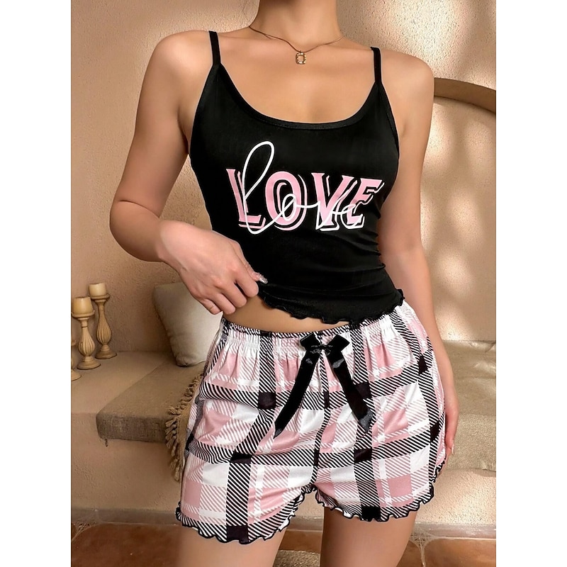 Women's Pajama Set Casual Comfort Heart Grid / Plaid Letter Elastic Waist Strap Top Shorts Home Daily Sleeveless Straps Black White Gold Brown Summer Regular Fit