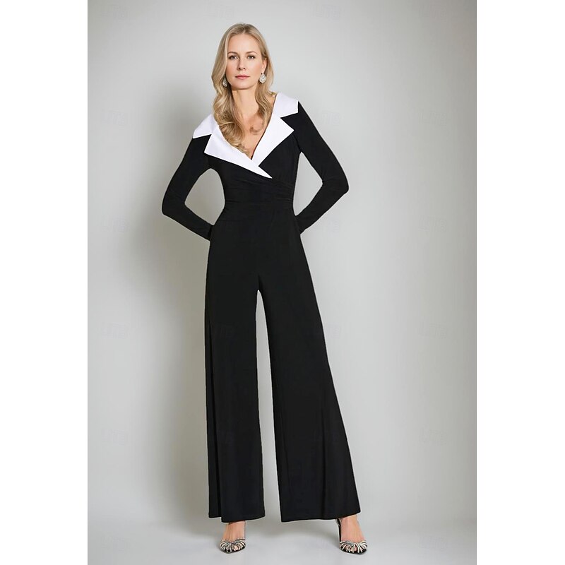 Women's Jumpsuits Formal Wedding Guest Stretch Crepe Elegant Simple Minimalist Long Sleeve Ankle Length Notched Lapels
