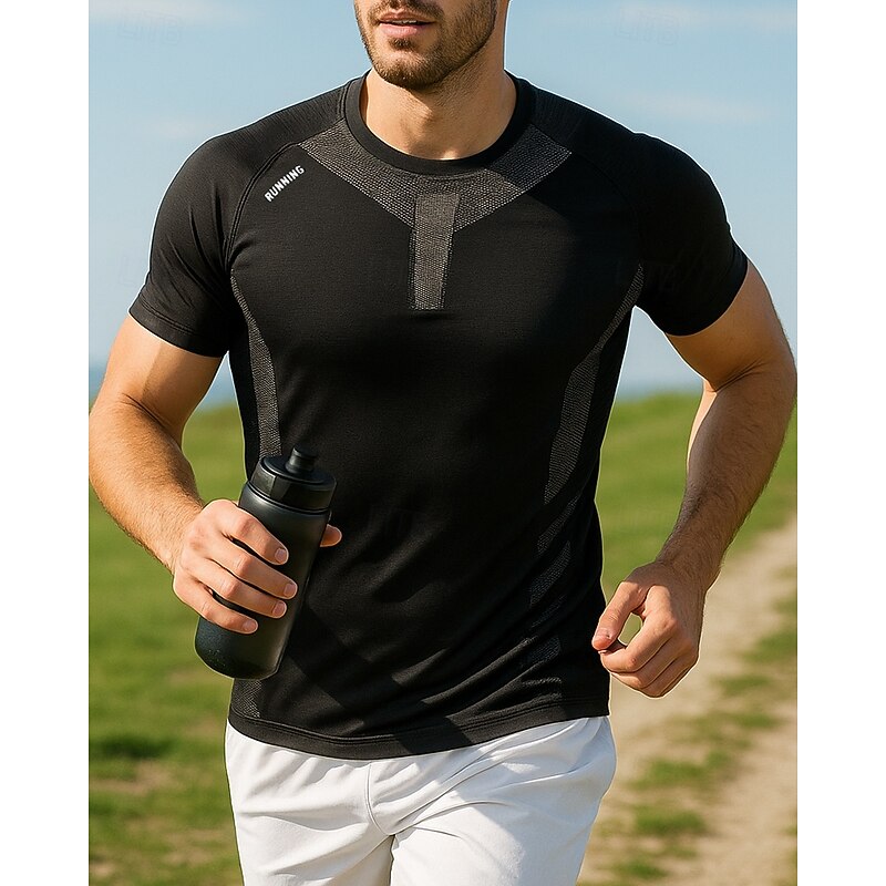 Men's Running T-Shirt Sports Top Slim Short Sleeve Tee Tshirt Color Block Quick Dry Lightweight Elastic Breathable Tennis Golf Running Sportswear Activewear Black White Navy Blue