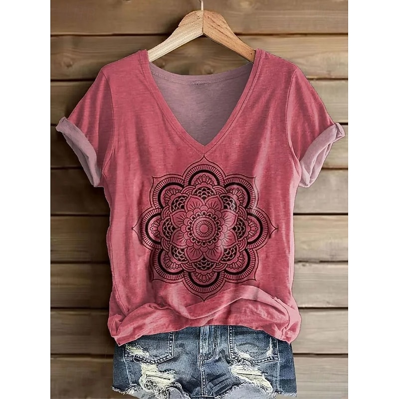 Women's Alzheimer's Disease Awareness T Shirt Floral Graphic Plants Bohemia Vintage Stylish Short Sleeve V Neck Regular Tops Daily Going out Weekend Print Black White Blue Purple Violet Summer2