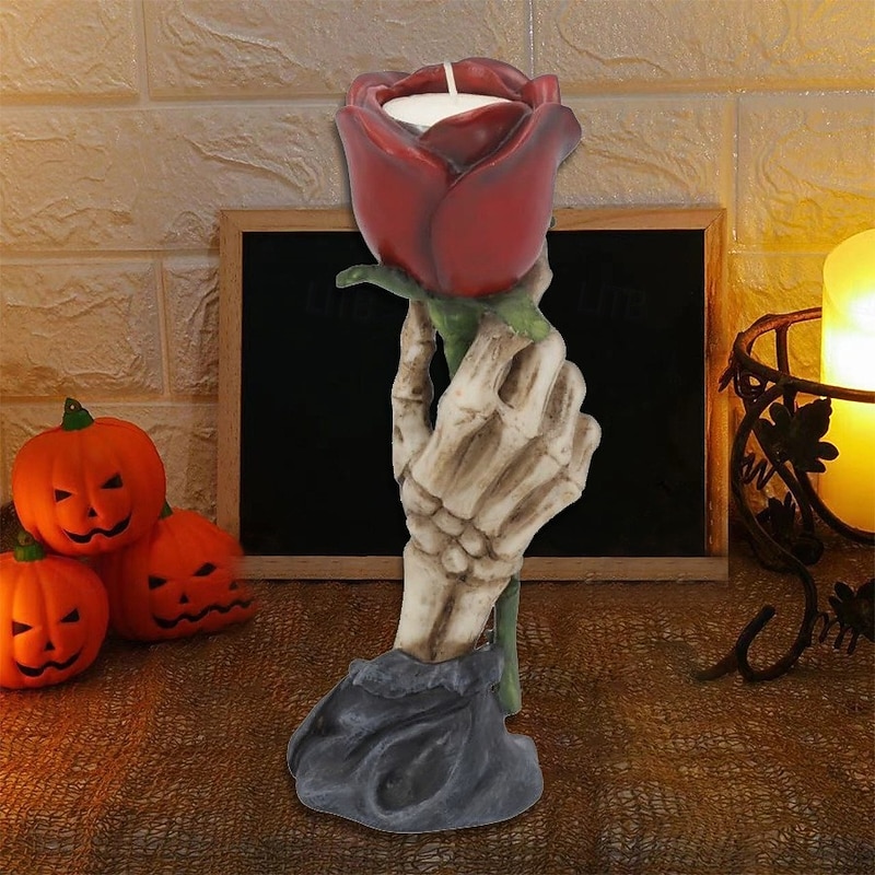Halloween Atmosphere Gift Resin Candle Holder with Finger Rose and Skull Decor, Spooky Home Decoration Prop Figurine