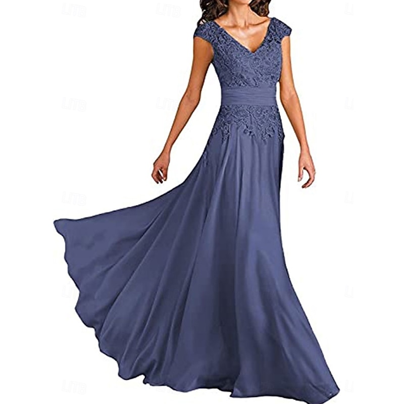 A-Line Mother of the Bride Dress Elegant Simple V Neck Floor Length Chiffon Sleeveless with Solid Color4