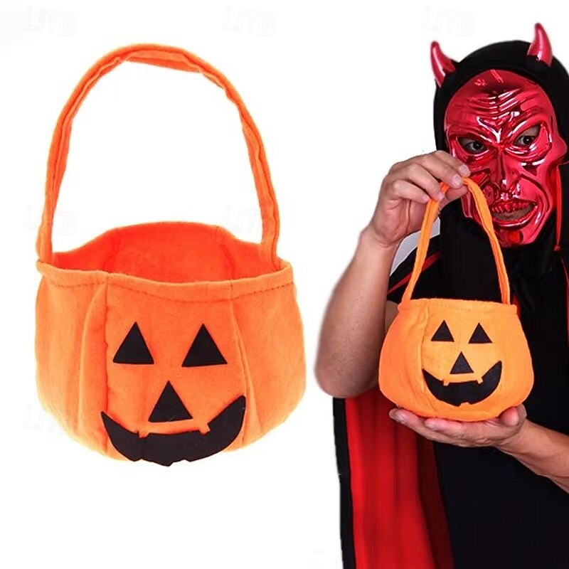 Halloween Pumpkin Treat Bag for Kids, Trick or Treat Candy Tote Bag, Non-Woven 3D Jack-O'-Lantern Gift Bag with Cartoon Ghost Face, Halloween Party Favor for Boys and Girls
