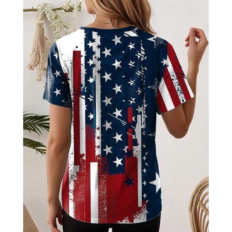Women's Patriotic  T Shirt Graphic American Flag Vintage Stylish Classic Short Sleeve V Neck Regular Tops Daily Print Red / Blue Summer Spring2