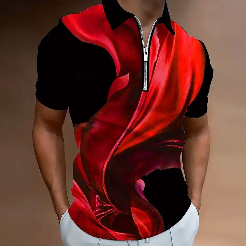 Men's Abstract Geometic Zip Polo Short Sleeve Turndown Modern Casual / Sporty Athleisure Casual Daily 3D Print Summer Robin's Egg Blue Red